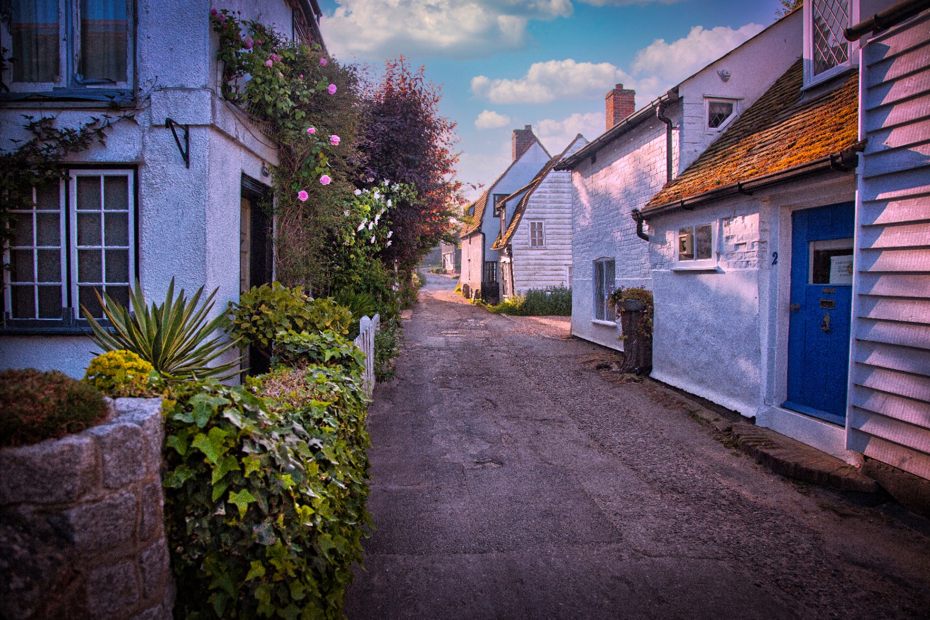 A quiet lane of historic white weatherboard cottages in West Mersea, Essex