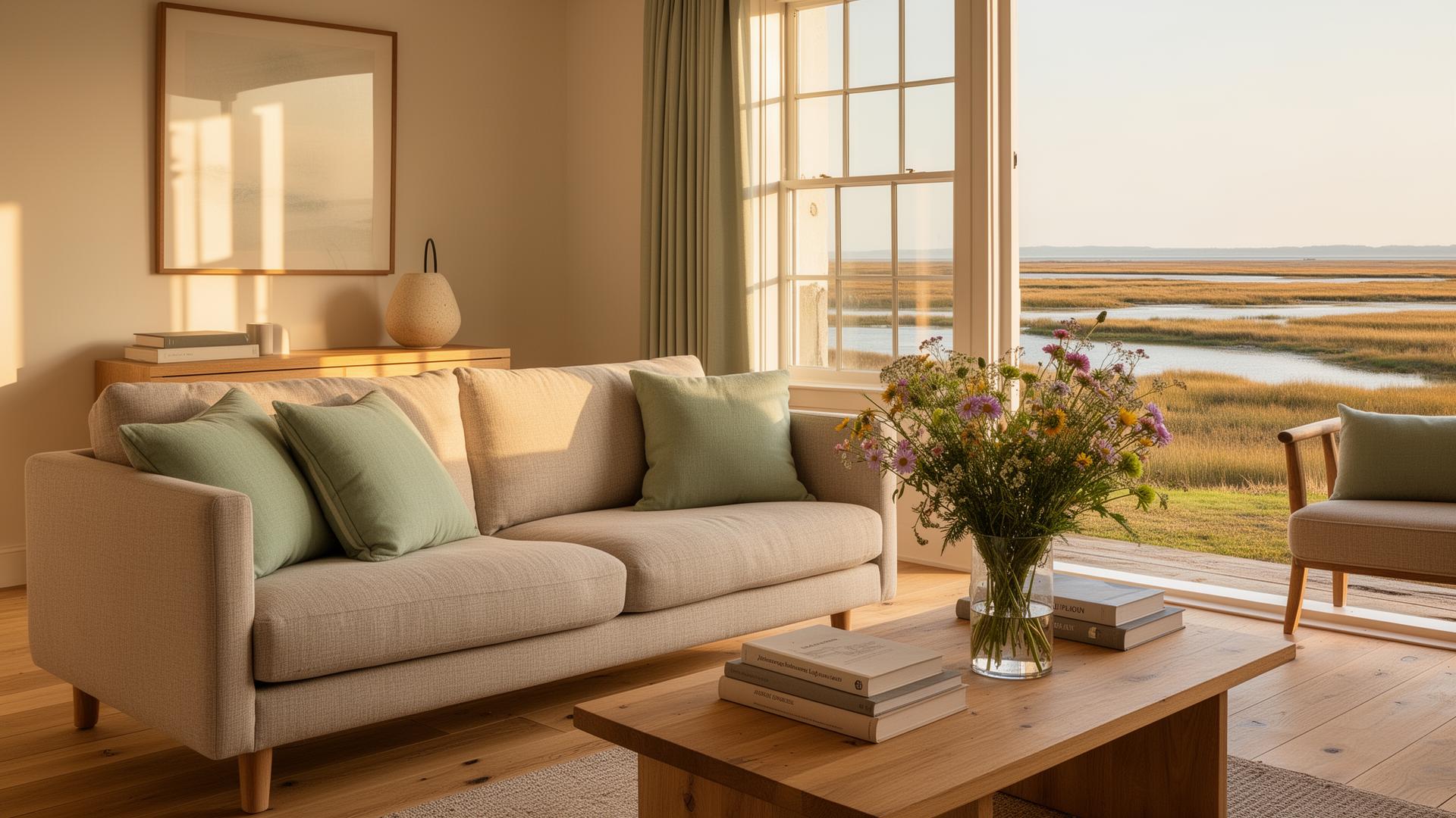 An Essex coast and countryside holiday home interior with sage accents and garden views